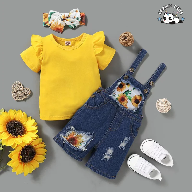 LEZONKIDS - Customizable Hot Sale Short-sleeved Blouse Girls Clothing Set Sunflower Print Jeans Girls Clothing Set